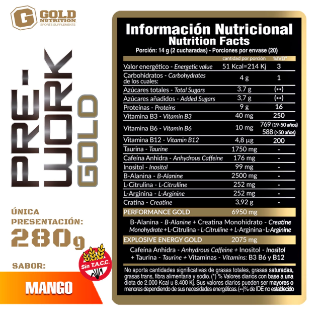PRE WORK X280G SABOR MANGO - GOLD NUTRITION — foto 2